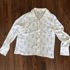 H&M Sheer White Long-Sleeved Blouse with Gray Bunny Print